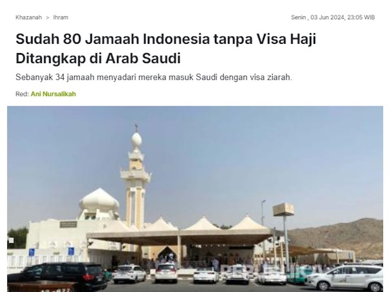 Sudah 80 Jamaah Haji Indonesia Tanpa Visa Haji ditangkap di Arab Saudi